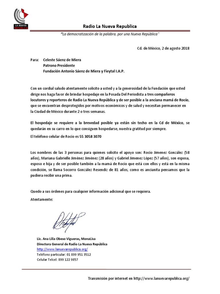 Carta Solicitando Hospitalidad RNR  Telecomunicaciones  Hotel y