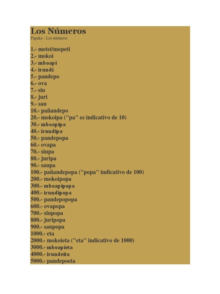 Los Numeros En Guarani Docx
