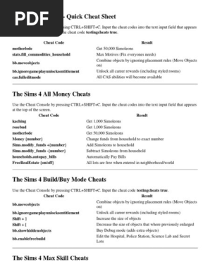 The Sims 4 Cheats - Quick Cheat Sheet, PDF