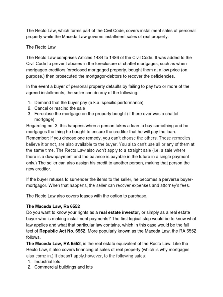 An overview of the Recto Law and Maceda Law, which govern installment