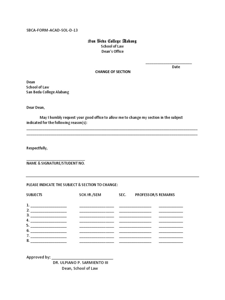 Sbca-Form-Acad-Sol-D-13 San Beda College Alabang: Change of Section | PDF