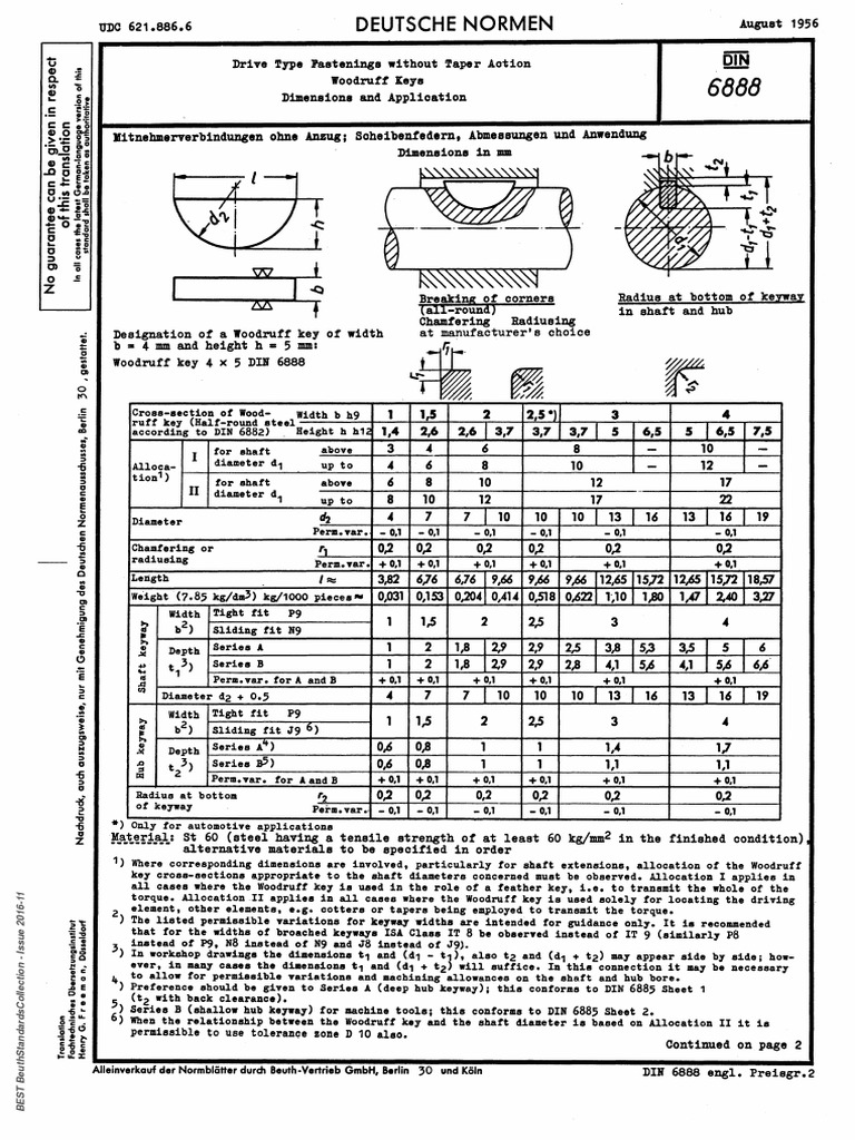 DIN6888Wood Ruff Key Dim and Applicatioin Machines Manufactured Goods