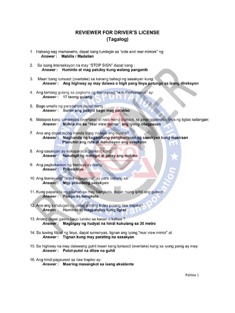 LTO Reviewer Tagalog | PDF