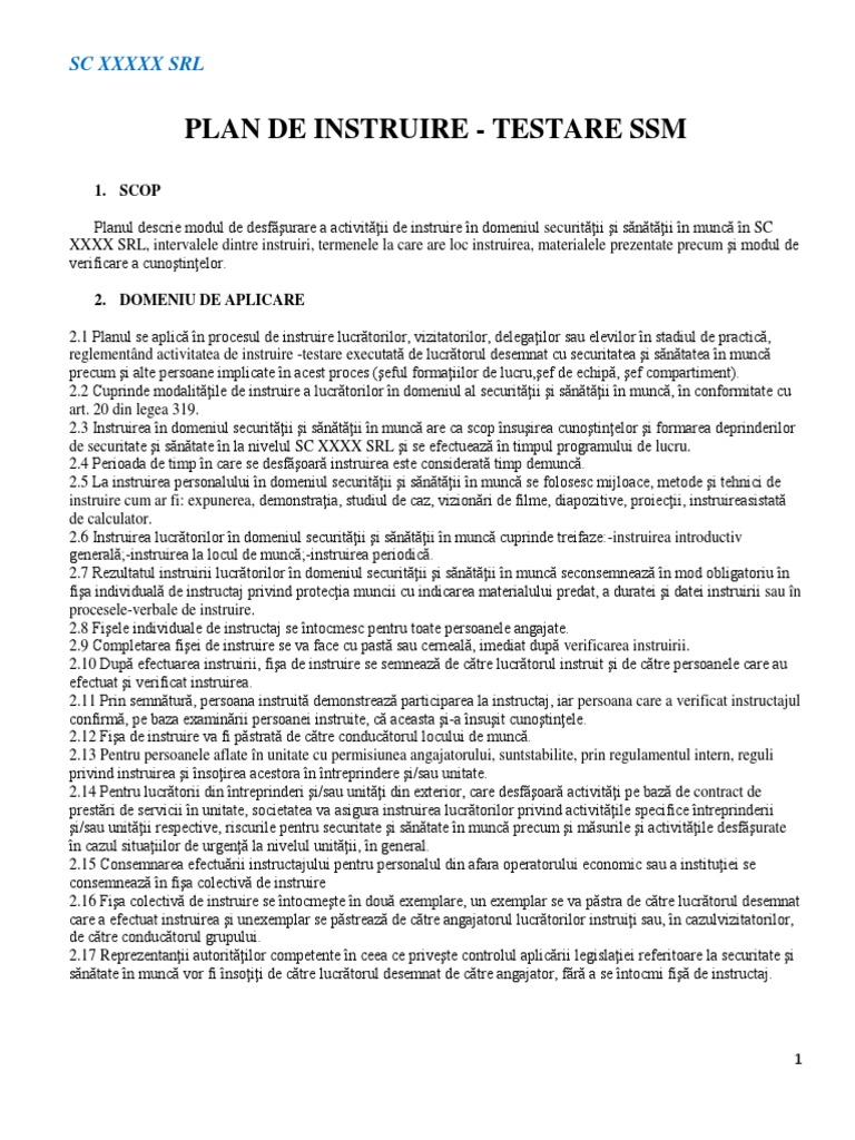 Plan Instruire-Testare SSM | PDF