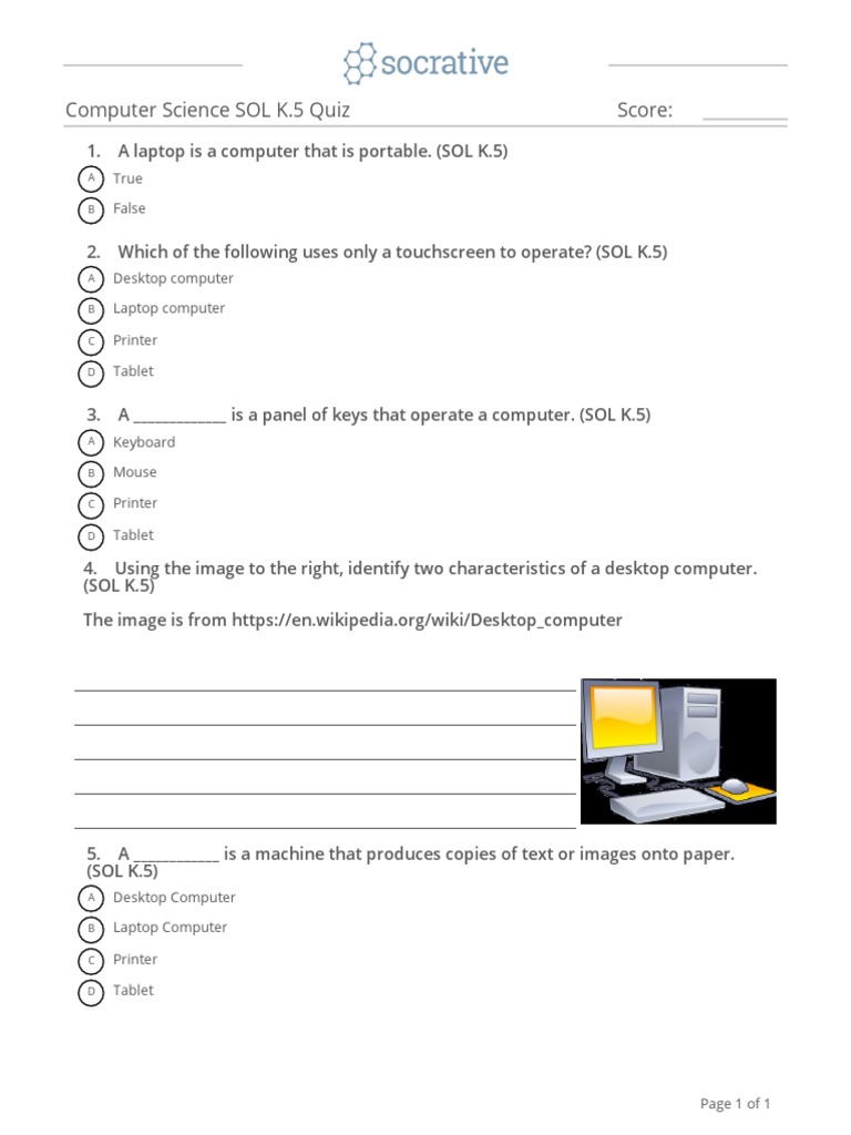 Computer Science K.5 Quiz Questions | PDF