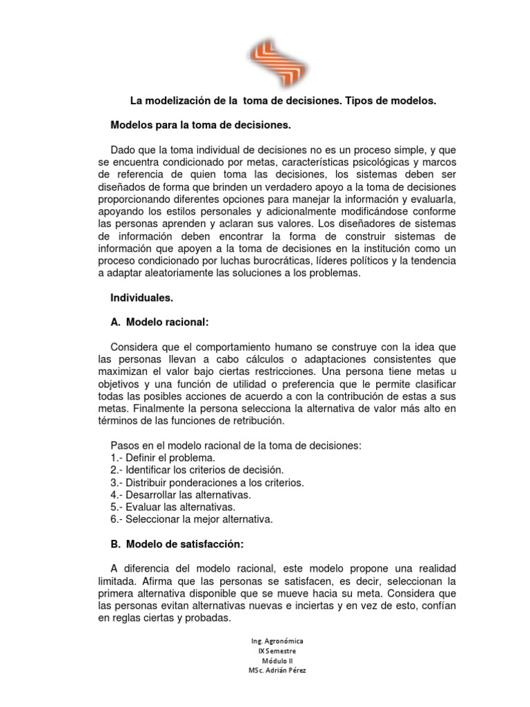 Modelos de Toma de Decisiones Agronómicas | PDF | Racionalidad | Toma ...