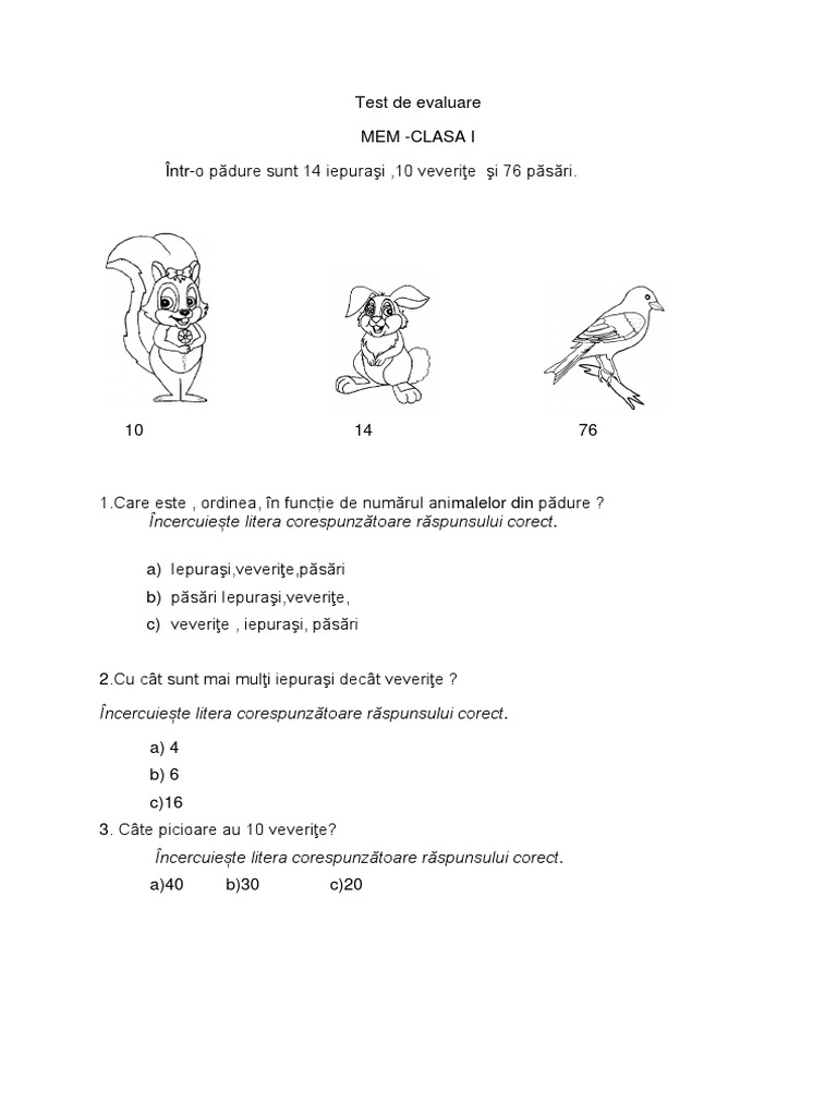 Test de Evaluare Finala Mem Clasa I | PDF