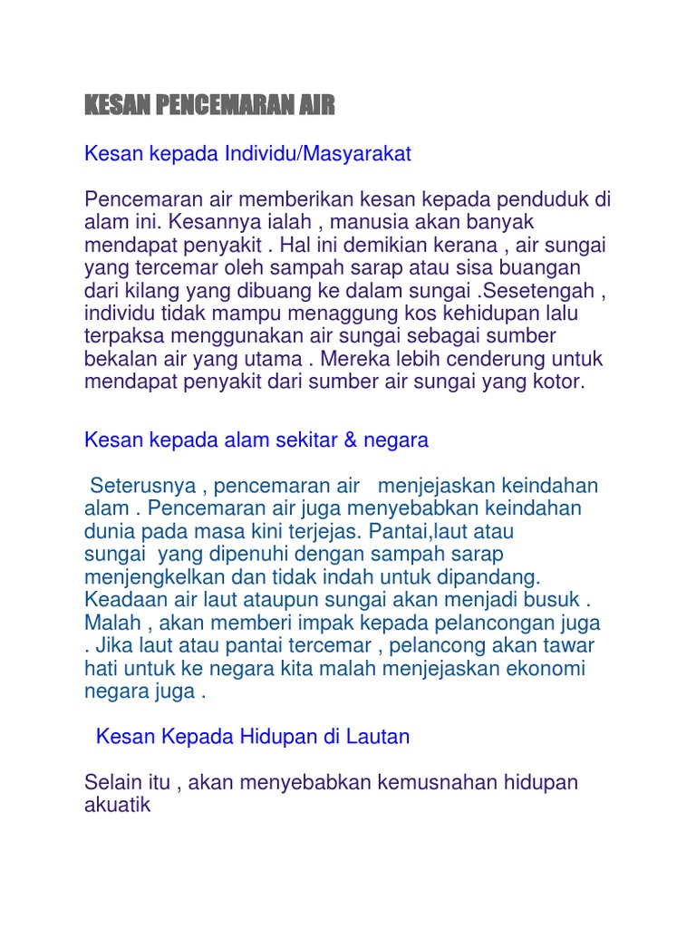 Kesan Pencemaran Air