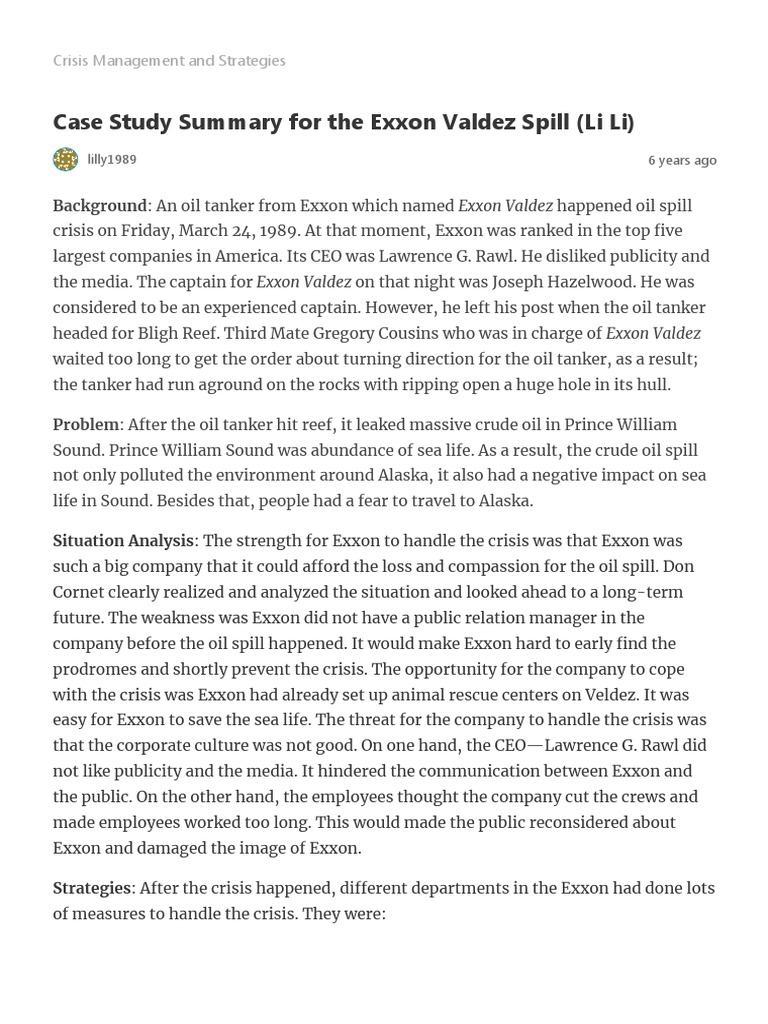 Case Study Summary For The Exxon Valdez Spill (Li Li) Crisis