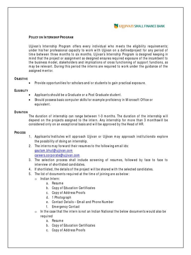Ujjivan Internship Program Overview | PDF | Internship | Job Hunting
