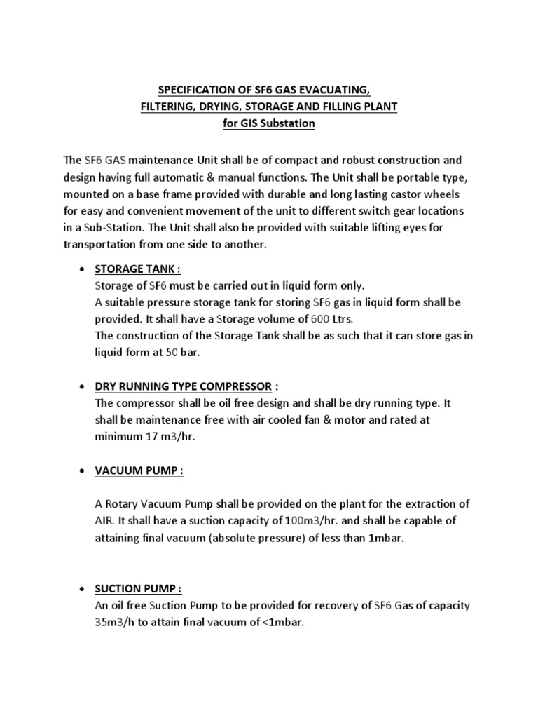 SF6 Gas Handling Plant Specifications | PDF | Pump | Electrical Substation