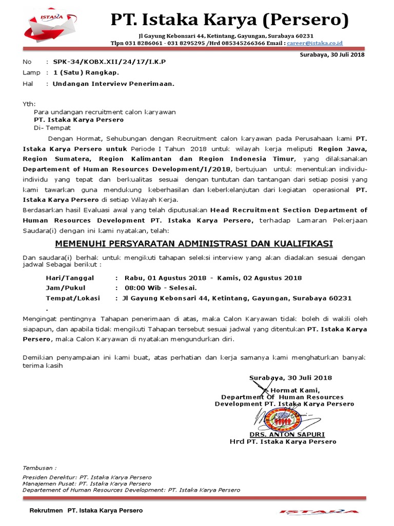 Surat Undangan Interview Dan Seleksi Penerimaan Pt Iskata