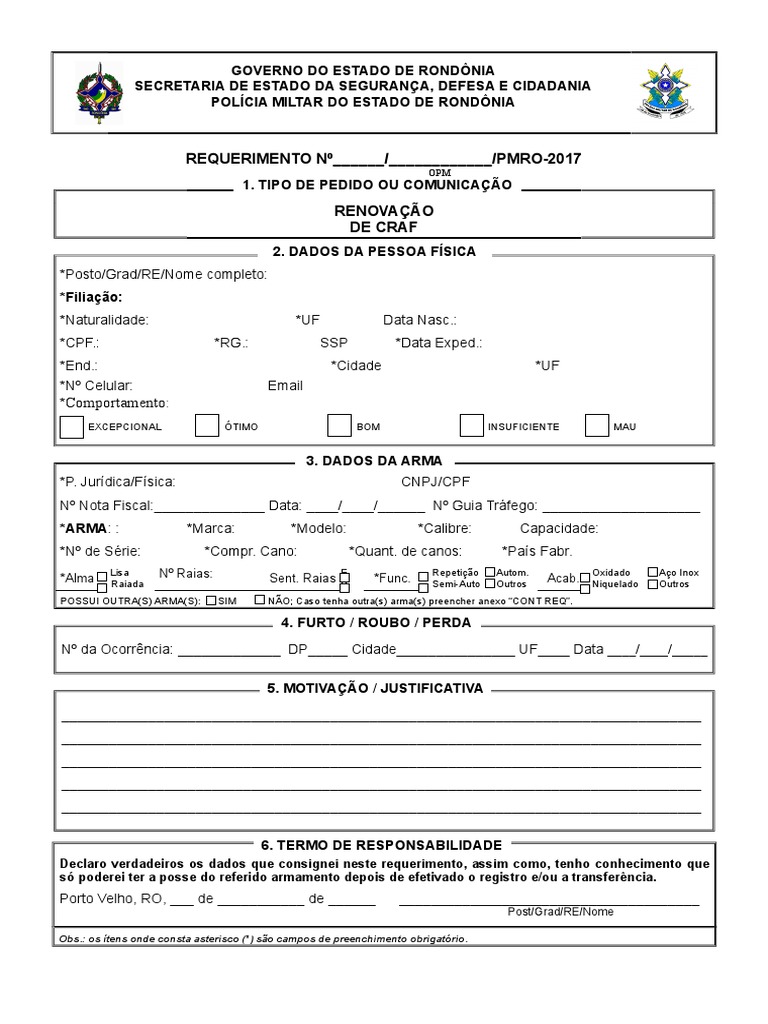 Requisição de renovação de registro de arma de fogo e anexo de dados ...