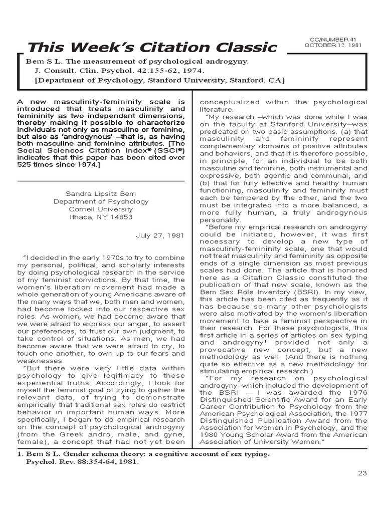 The Measurement of Psychological Androgyny | PDF | Gender | Gender Studies