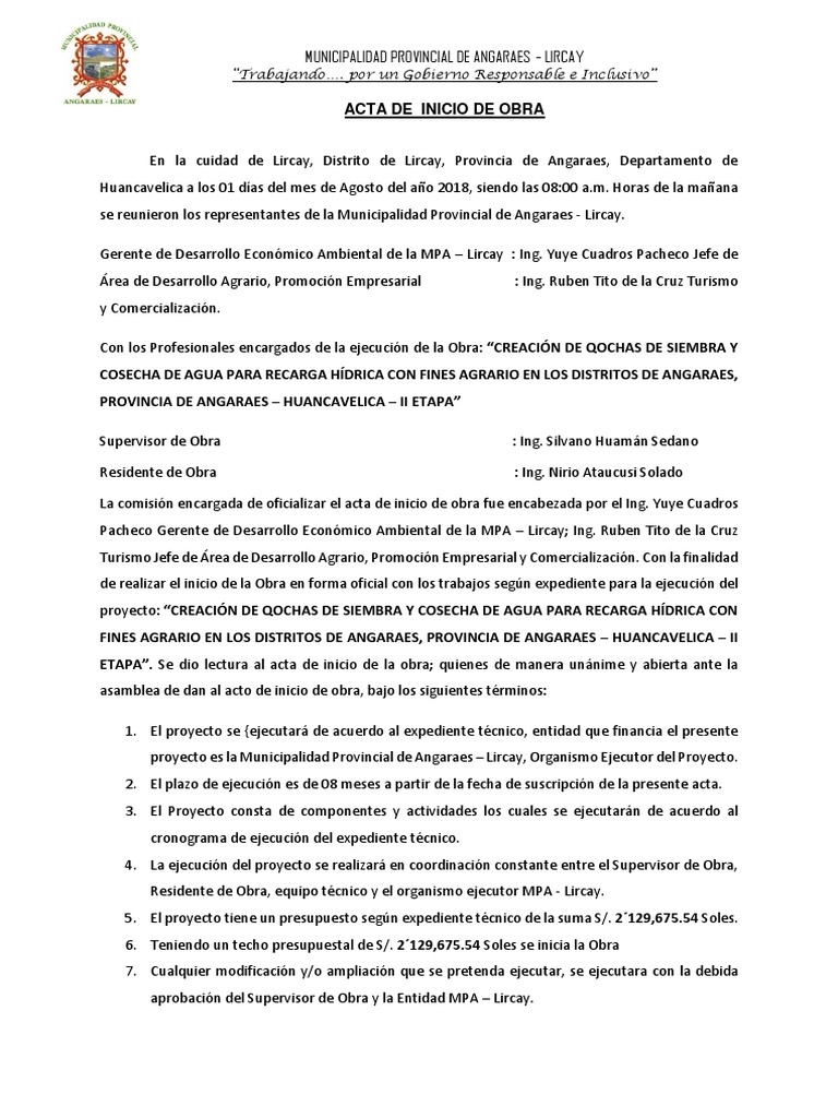 Acta de Inicio de Obra | PDF | Gobierno