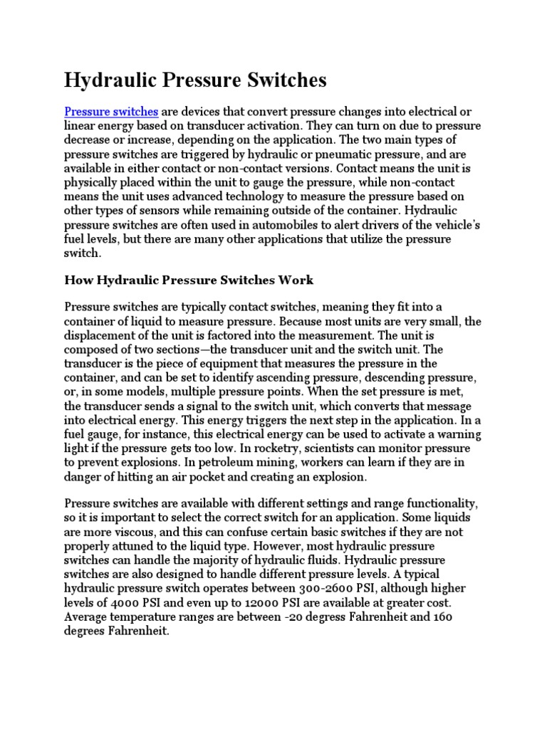 Hydraulic Pressure Switches PDF Switch Pressure