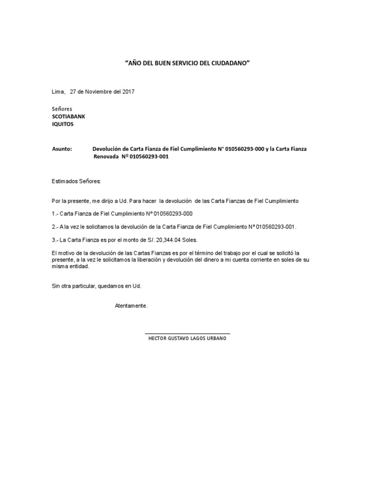 Carta A Los Bancos Devolucion de Carta Fianza  PDF