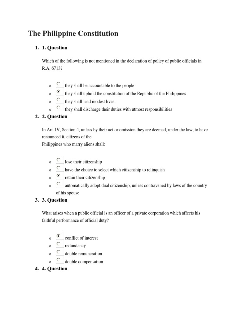 Philippine Constitution Quiz Questions | PDF | Citizenship | Philippines