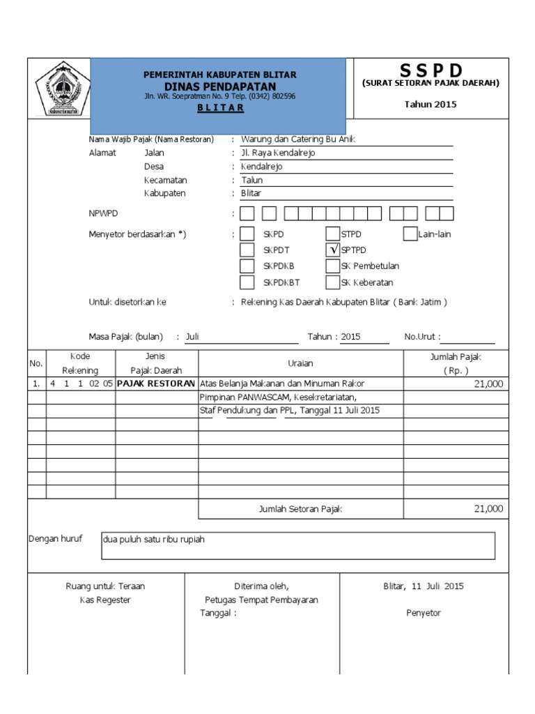 SSPD Pajak Restoran (Dispenda) | PDF | Pengelolaan Keuangan & Uang