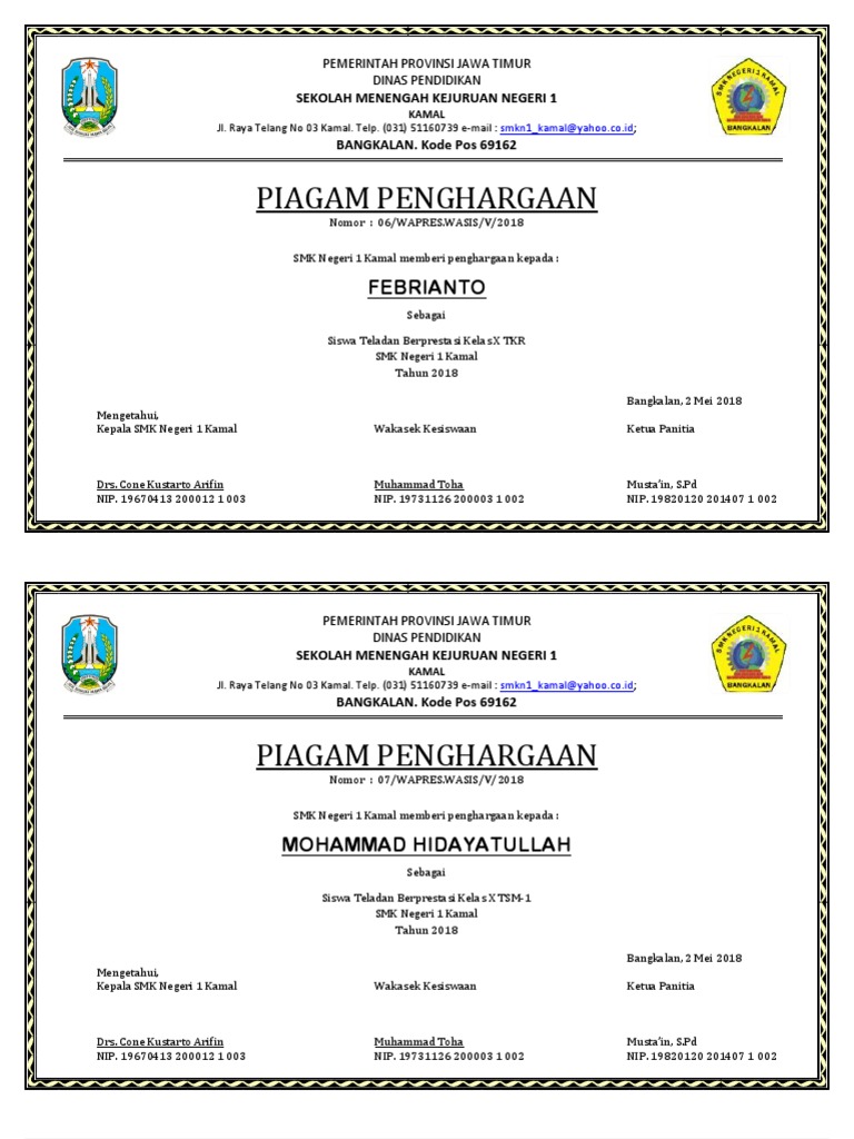 Piagam Penghargaan Siswa Teladan