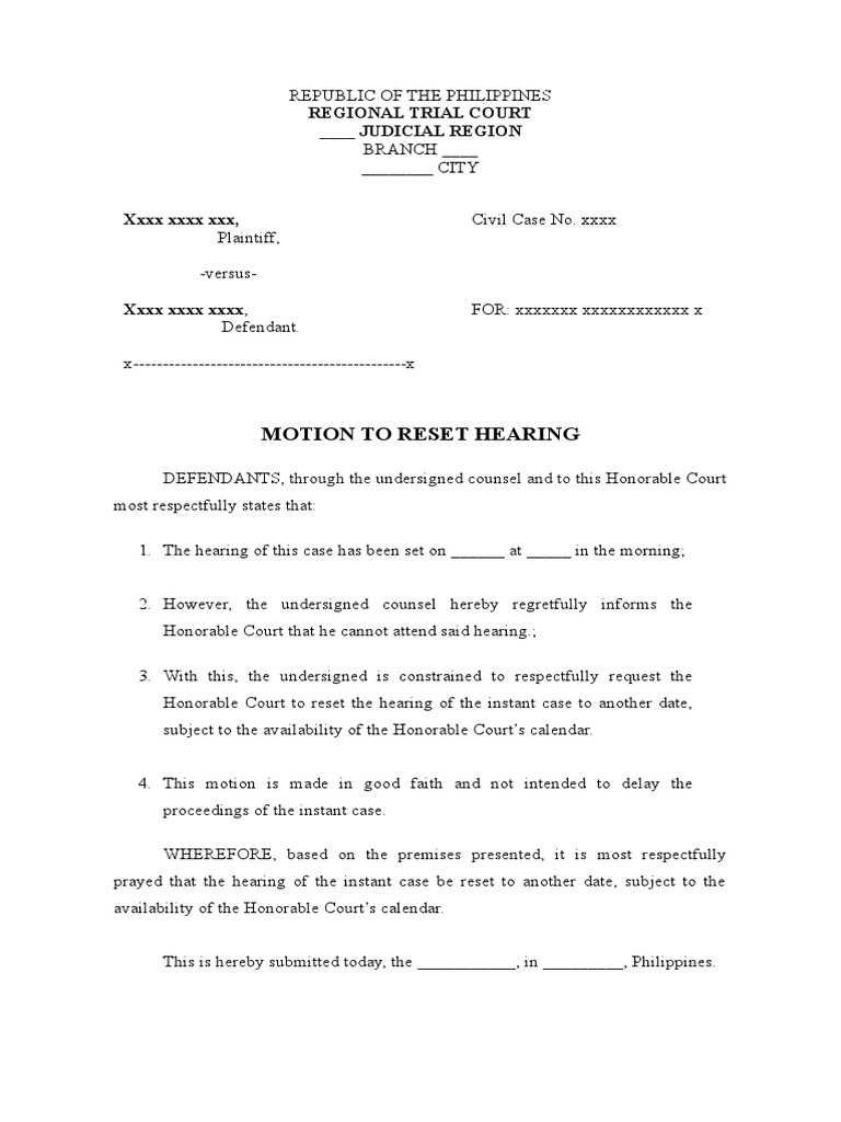 61828931 Example of Motion to Reset Hearing