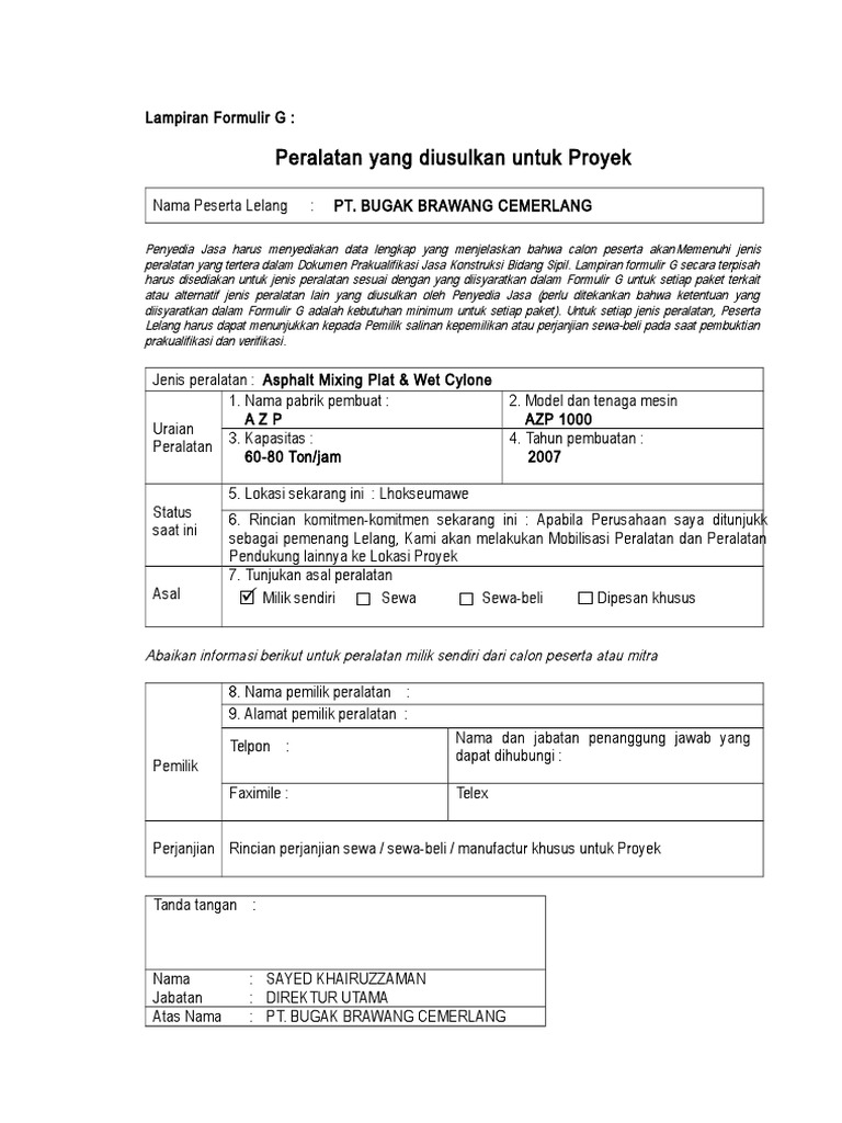 Peralatan Proyek PT Bugak Brawang | PDF | Teknologi & Rekayasa