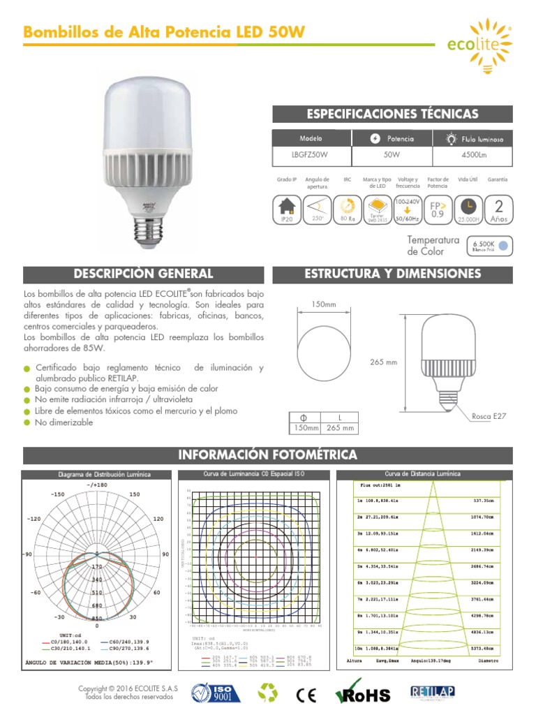 Ficha técnica bombillo LED 50Watts Diodo emisor de luz Radiación