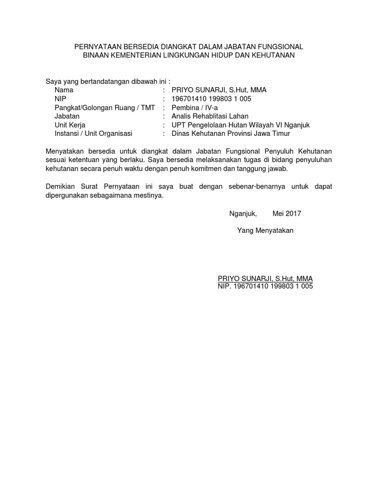 Surat Pernyataan Bersedia Diangkat Dalam Jabatan Fungsional