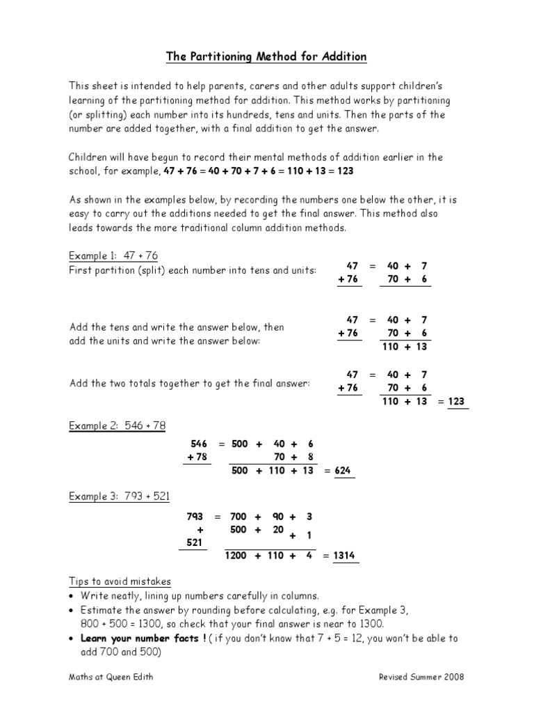 Addition - Partitioning - Sheet PDF | PDF | Teaching Mathematics