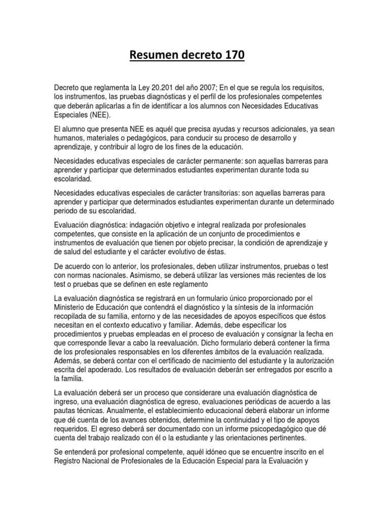 Resumen Decreto 170 | PDF | Evaluación | Aprendizaje