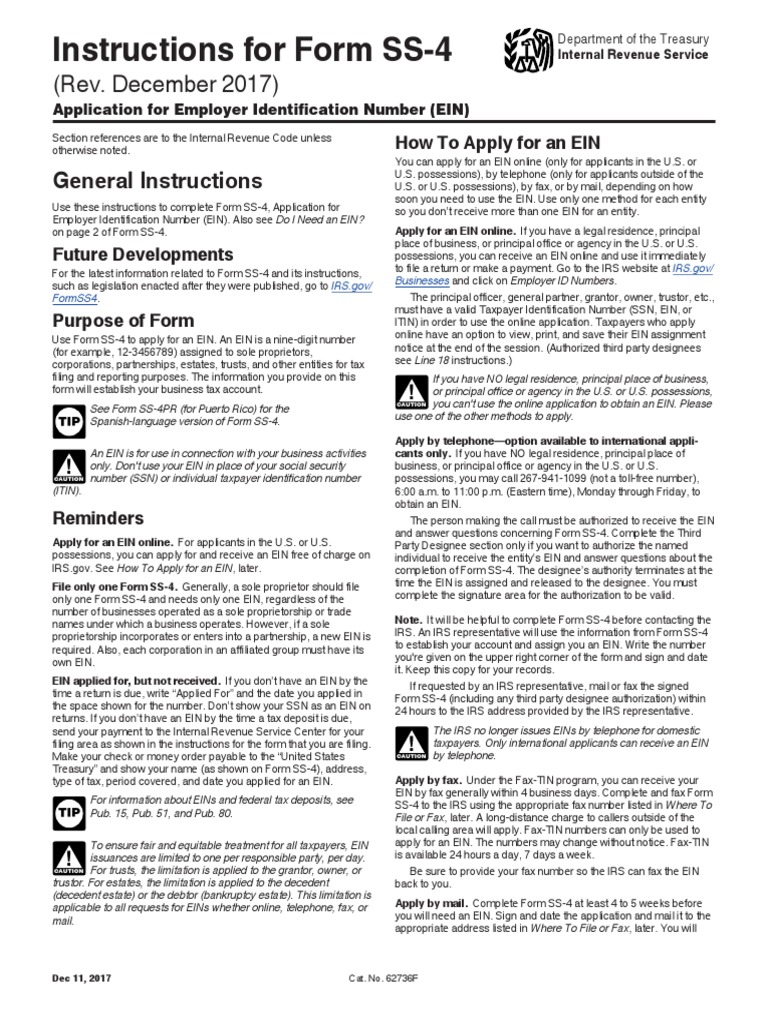 Instructions For Form SS-4: (Rev. December 2017) | PDF | Limited ...