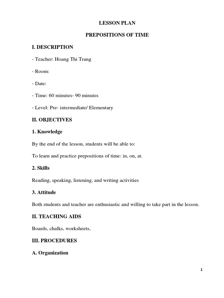 Prepositions of Time Lesson Plan | PDF | Question | Lesson Plan