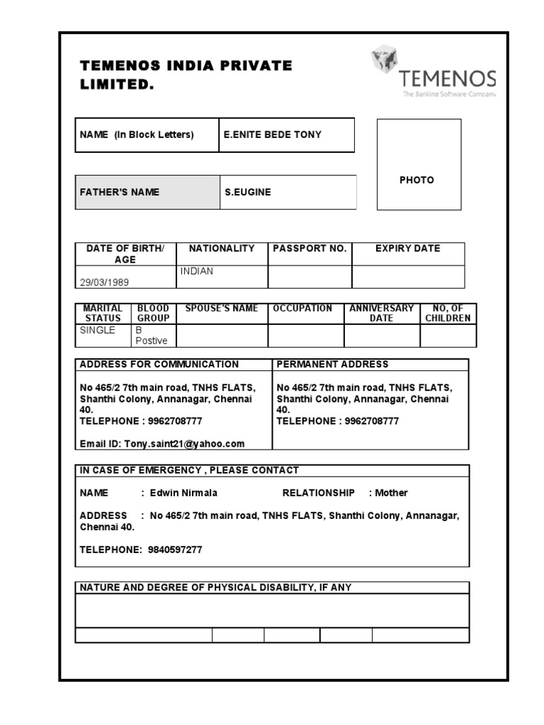 Temenos India Job Application Form | PDF | Employment | Business