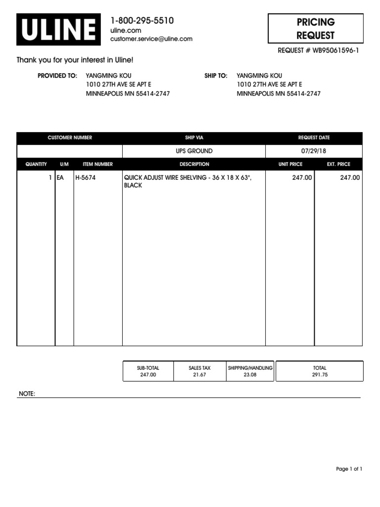 Pricing Request: Thank You For Your Interest in Uline! | PDF
