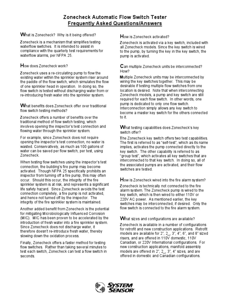 Zonecheck Automatic Flow Switch Tester Frequently Asked Questions
