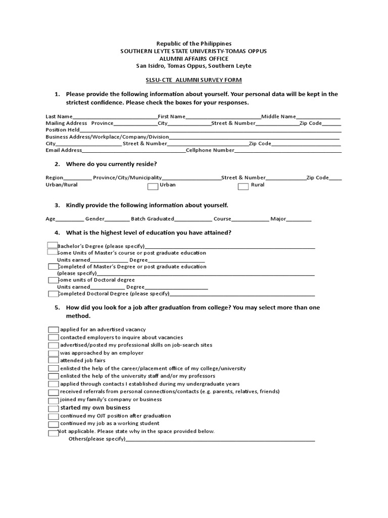 Slsu Tomas Oppus Tracer Form | PDF | Telecommuting | Employment
