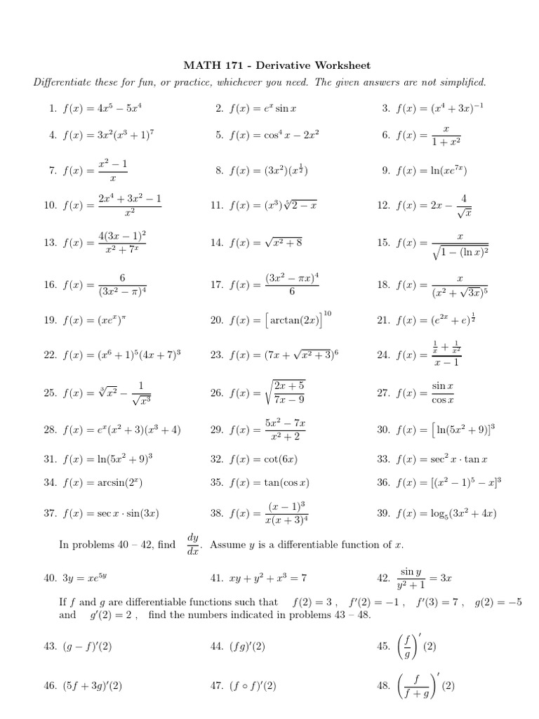 Practice Problems for Calculating Derivatives of Various Functions ...