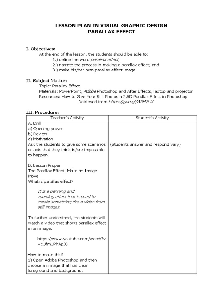 Lesson Plan in Visual Graphic Design PDF Adobe Computing