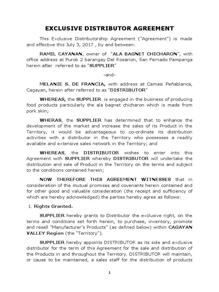 Exclusive Distributor Agreement | PDF | Constitutional Amendment | Lease