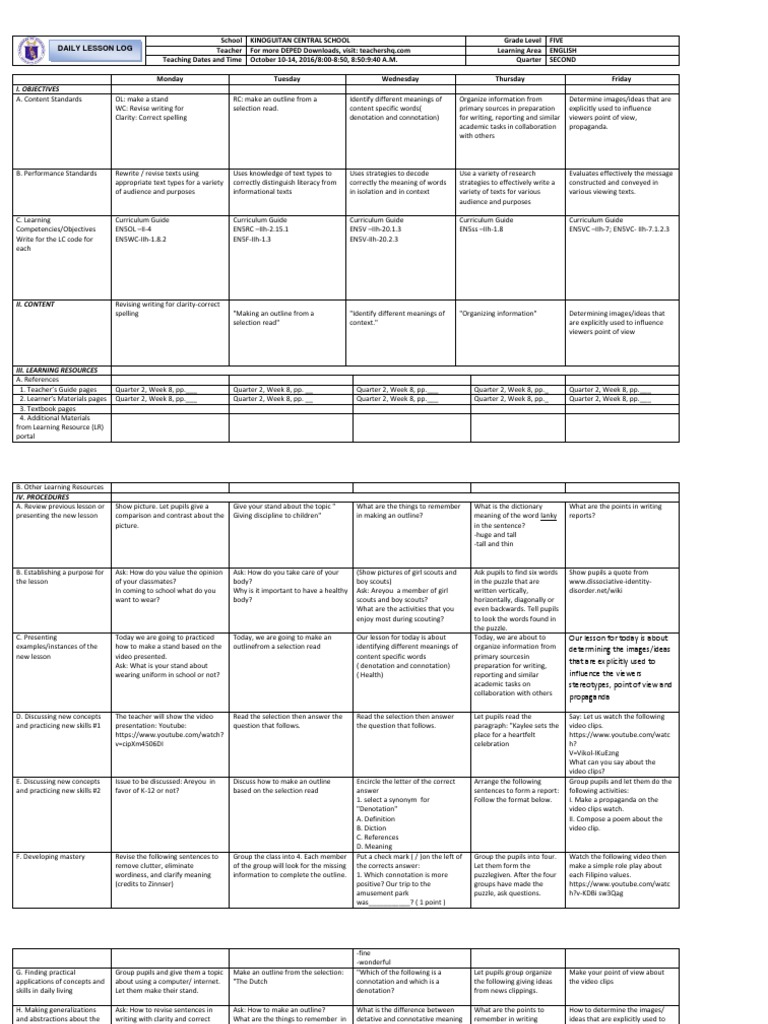 Grade 5 DLL English 5 Q2 Week 8 | PDF | Curriculum | Word