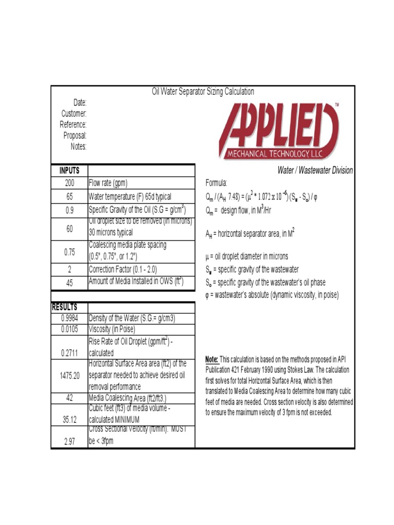 EXAMPLE SIZING OWS Calculation Per API 421 PDF | PDF | Viscosity | Gases