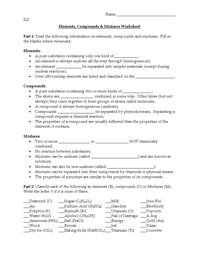 Element Compound Mixture Handout 1nscoo6 Chemical Compounds Chemical Substances