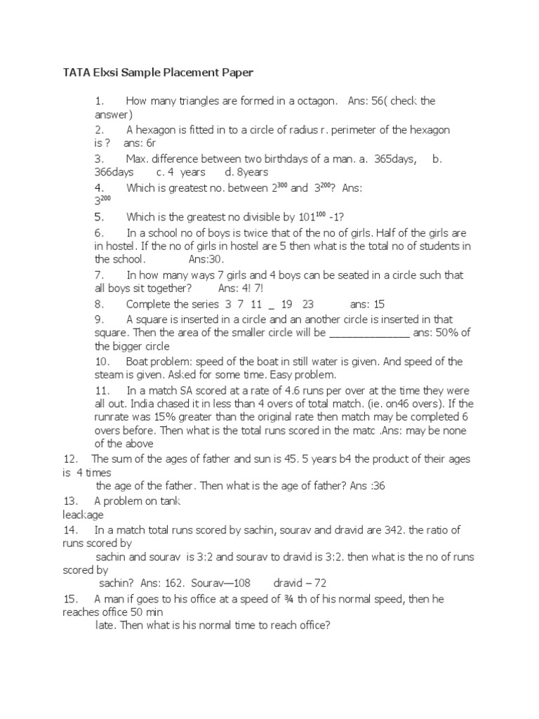 TATA Elxsi Placement Paper Questions | PDF | Geometry | Elementary Geometry