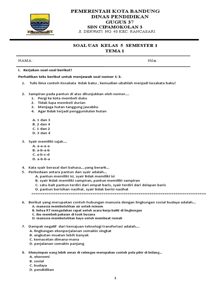 Soal Uas Kelas 5 Smtr 1 Tema 1 Doc