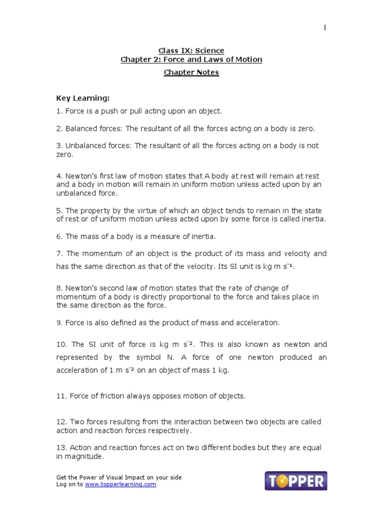 Class IX: Science Chapter 2: Force and Laws of Motion Chapter Notes ...