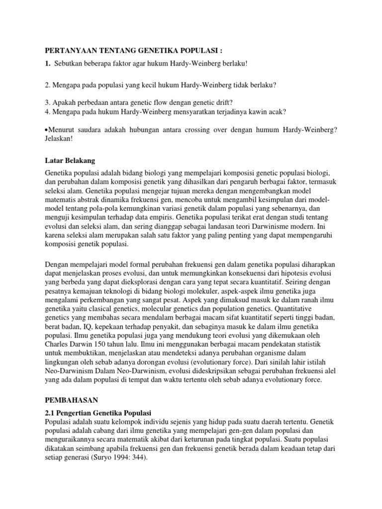 Contoh Soal Hukum Hardy Weinberg Populasi