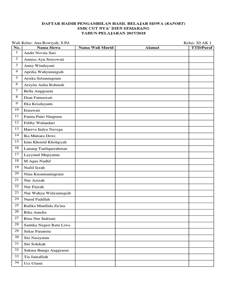 Daftar Hadir Pengambilan Hasil Belajar Siswa