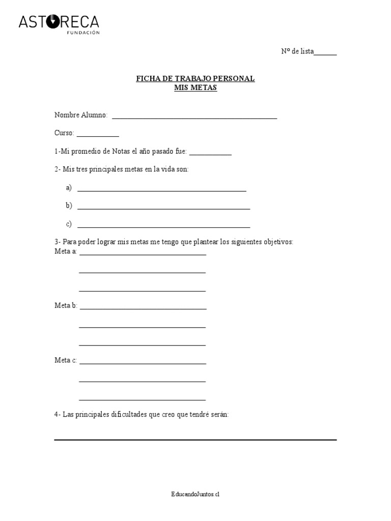 Ficha de Trabajo: Mis Metas Personales | PDF | Crecimiento personal y ...