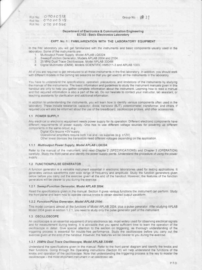 EC102 Lab: Equipment Familiarization | PDF | Electricity | Electrical ...