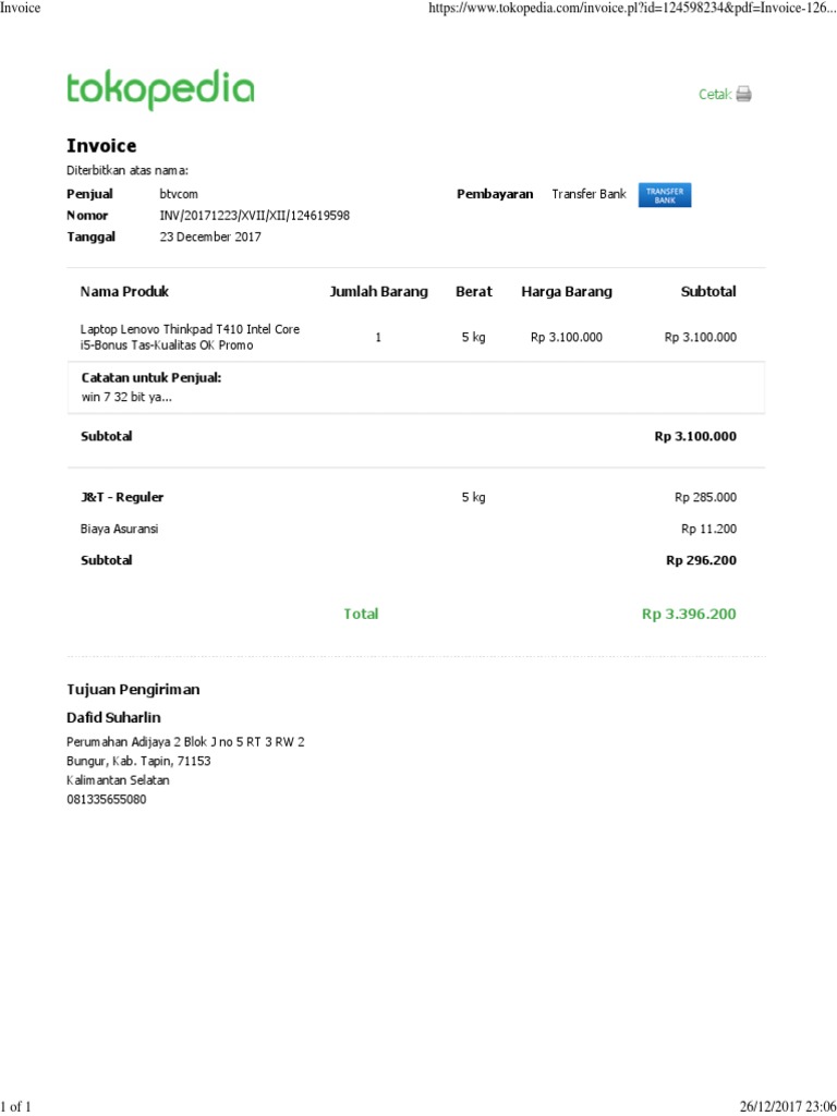 Invoice for Laptop and Shipping Costs | PDF